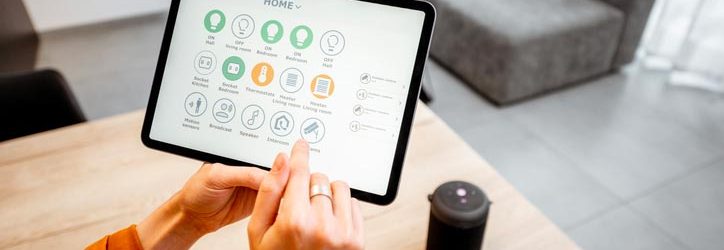 Third person perspective of woman using smart home app to control various smart home devices